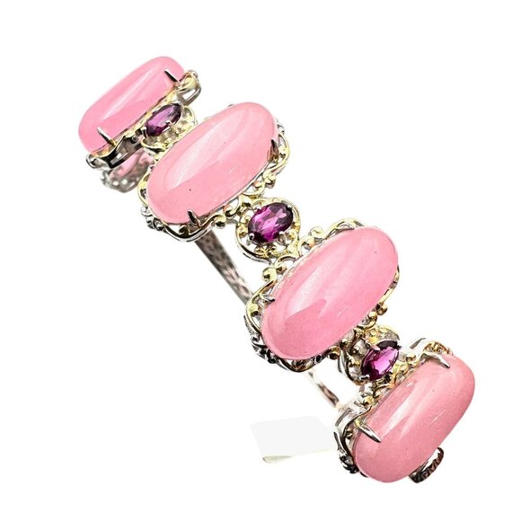 JTV Sterling Silver Pink Jade Amethyst Hinged Bangle Bracelet 32 Grams 7.75 Inch - Picture 1 of 3